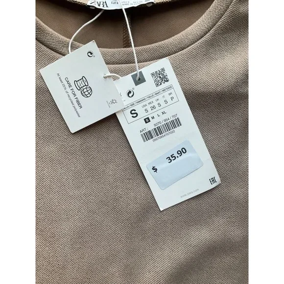 New w/tags Zara Sz.Small Sheath dress pullover Tan short sleeve - Picture 4 of 10
